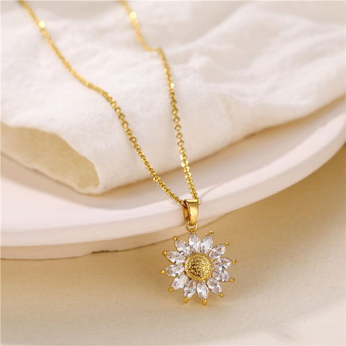 18K Gold Plated Zircon Sunflower Necklace | "You Are My Sunshine" Floral Pendant Chain Jewelry