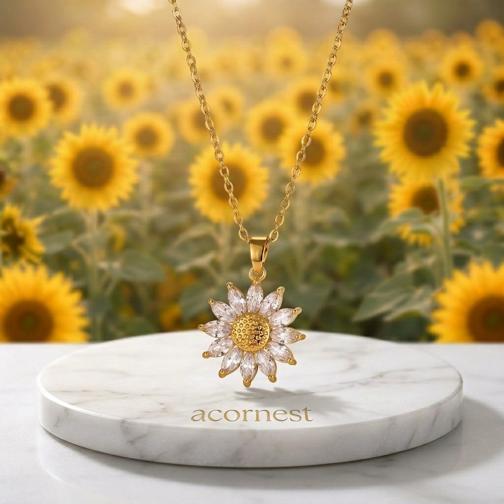 18K Gold Plated Zircon Sunflower Necklace | "You Are My Sunshine" Floral Pendant Chain Jewelry