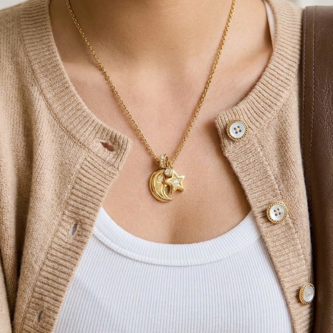 18K Gold Star and Moon Pendant Necklace | Celestial Charm Layering Necklace, Waterproof & Non-Tarnish Jewelry