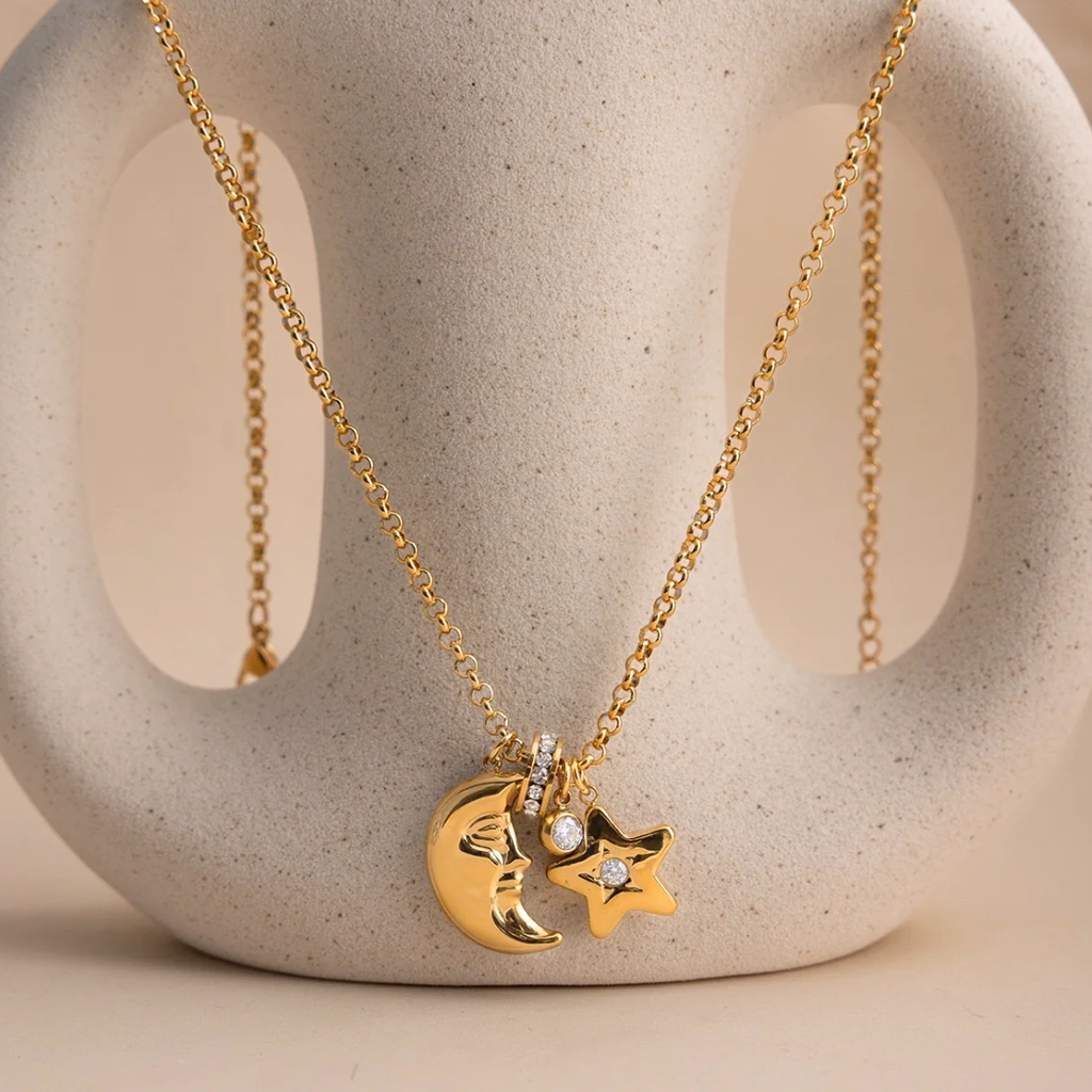 18K Gold Star and Moon Pendant Necklace | Celestial Charm Layering Necklace, Waterproof & Non-Tarnish Jewelry