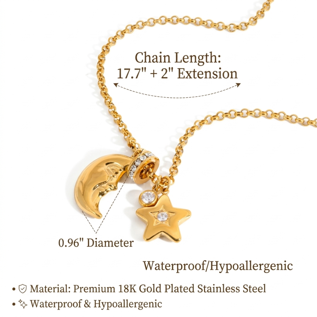 18K Gold Star and Moon Pendant Necklace | Celestial Charm Layering Necklace, Waterproof & Non-Tarnish Jewelry