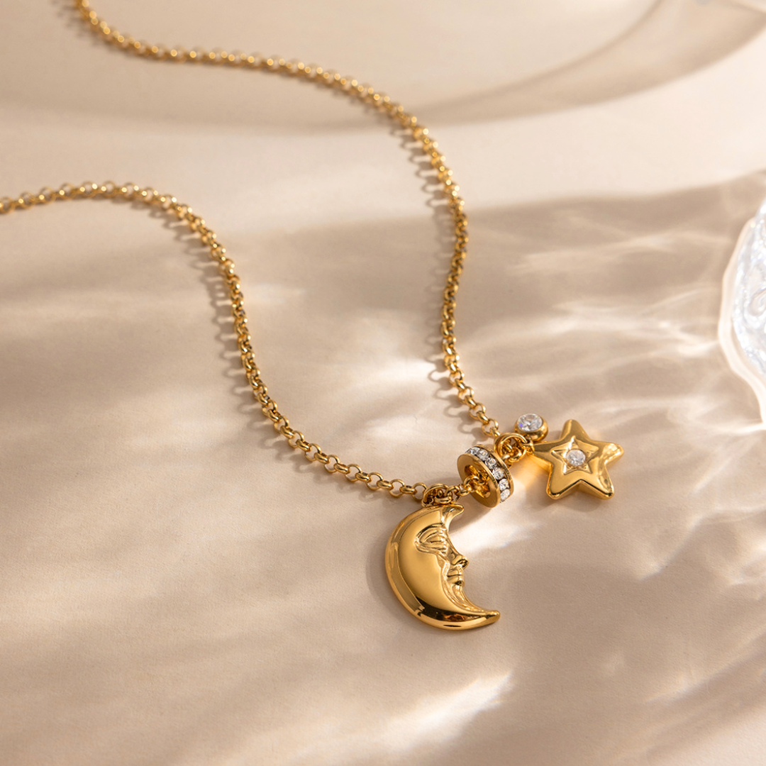 18K Gold Star and Moon Pendant Necklace | Celestial Charm Layering Necklace, Waterproof & Non-Tarnish Jewelry