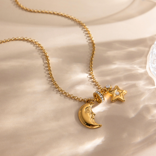 18K Gold Star and Moon Pendant Necklace | Celestial Charm Layering Necklace, Waterproof & Non-Tarnish Jewelry