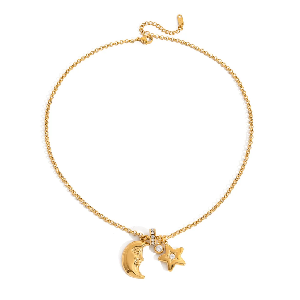 18K Gold Star and Moon Pendant Necklace | Celestial Charm Layering Necklace, Waterproof & Non-Tarnish Jewelry