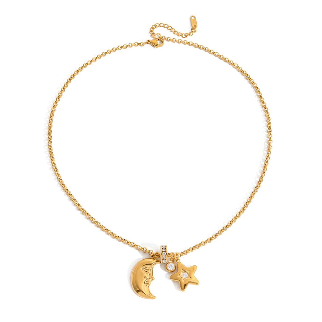 18K Gold Star and Moon Pendant Necklace | Celestial Charm Layering Necklace, Waterproof & Non-Tarnish Jewelry