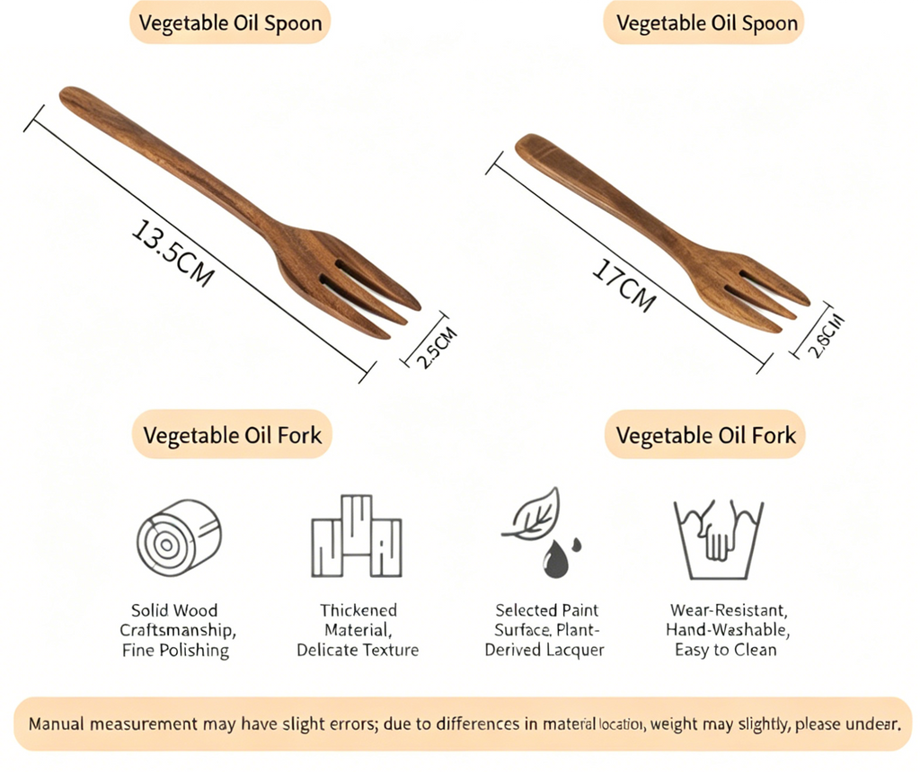 Japanese-Style Acacia Wood Cutlery Set | Long-Handled Solid Wood Spoon & Fork for Kids