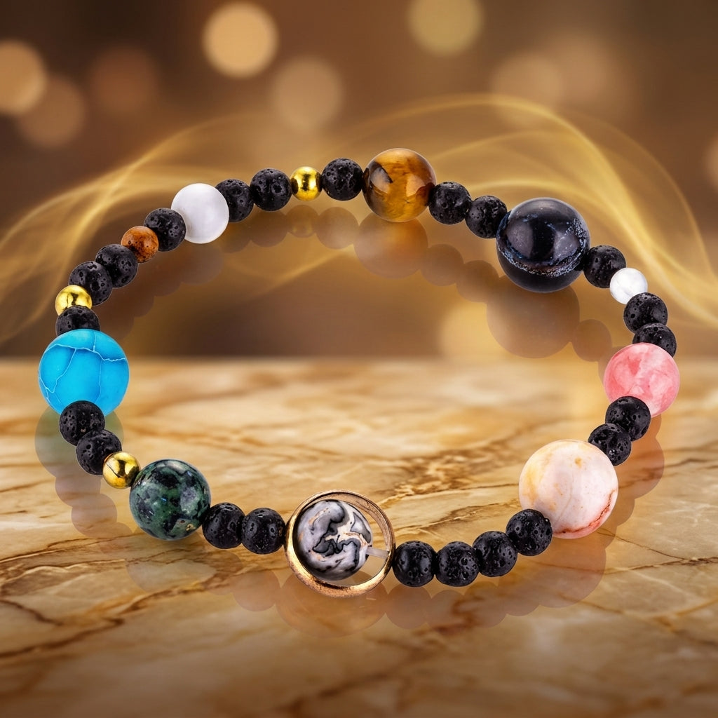 A beaded stretch bracelet featuring black lava stone beads, a large blue bead, a tiger's eye bead, a white bead, a pink stone, a green stone, and a central round charm with a black-and-white dragon design, displayed on a golden marble surface with a warm bokeh background.