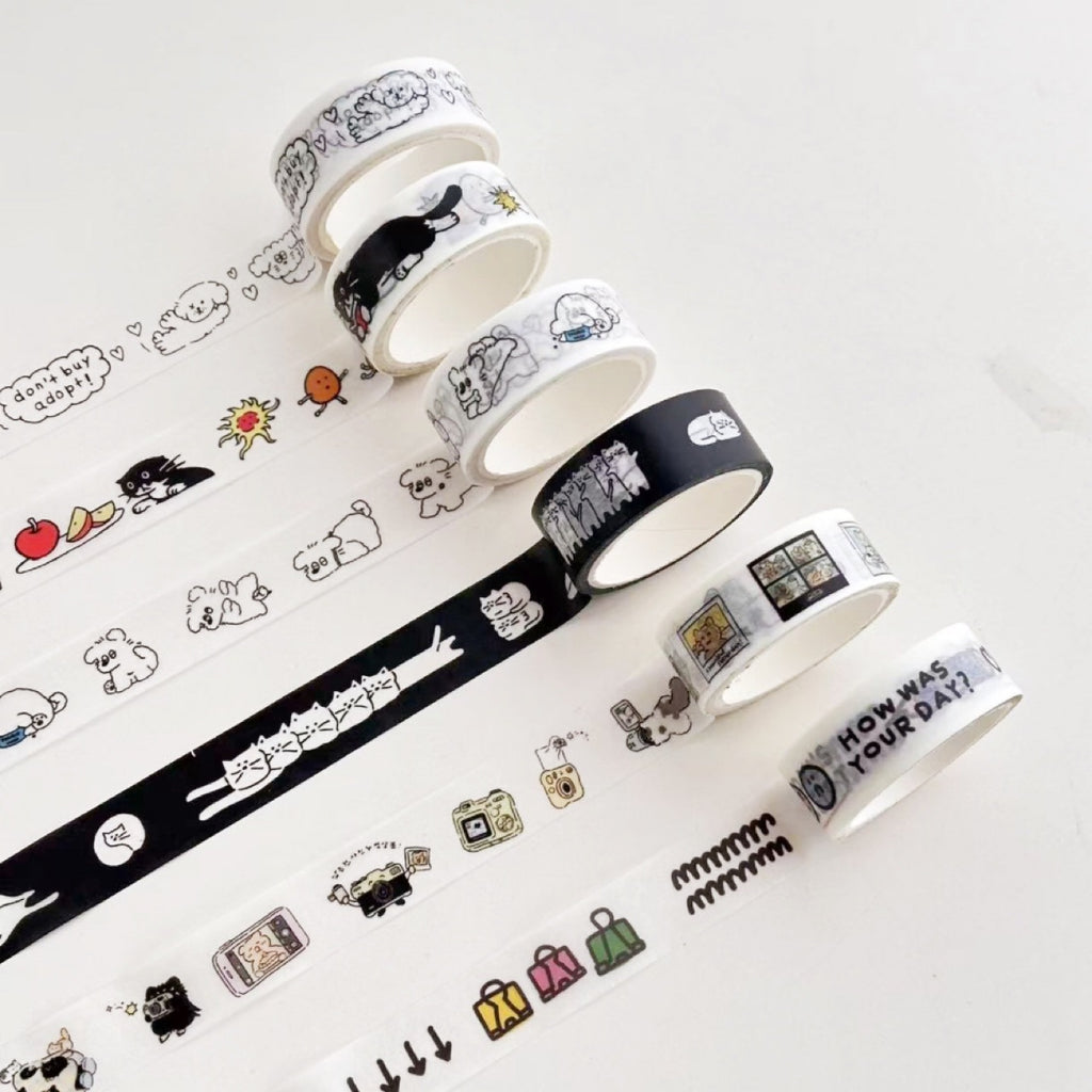 Black & White Cat Washi Tape | Korean Style pet Journal Stickers 5M