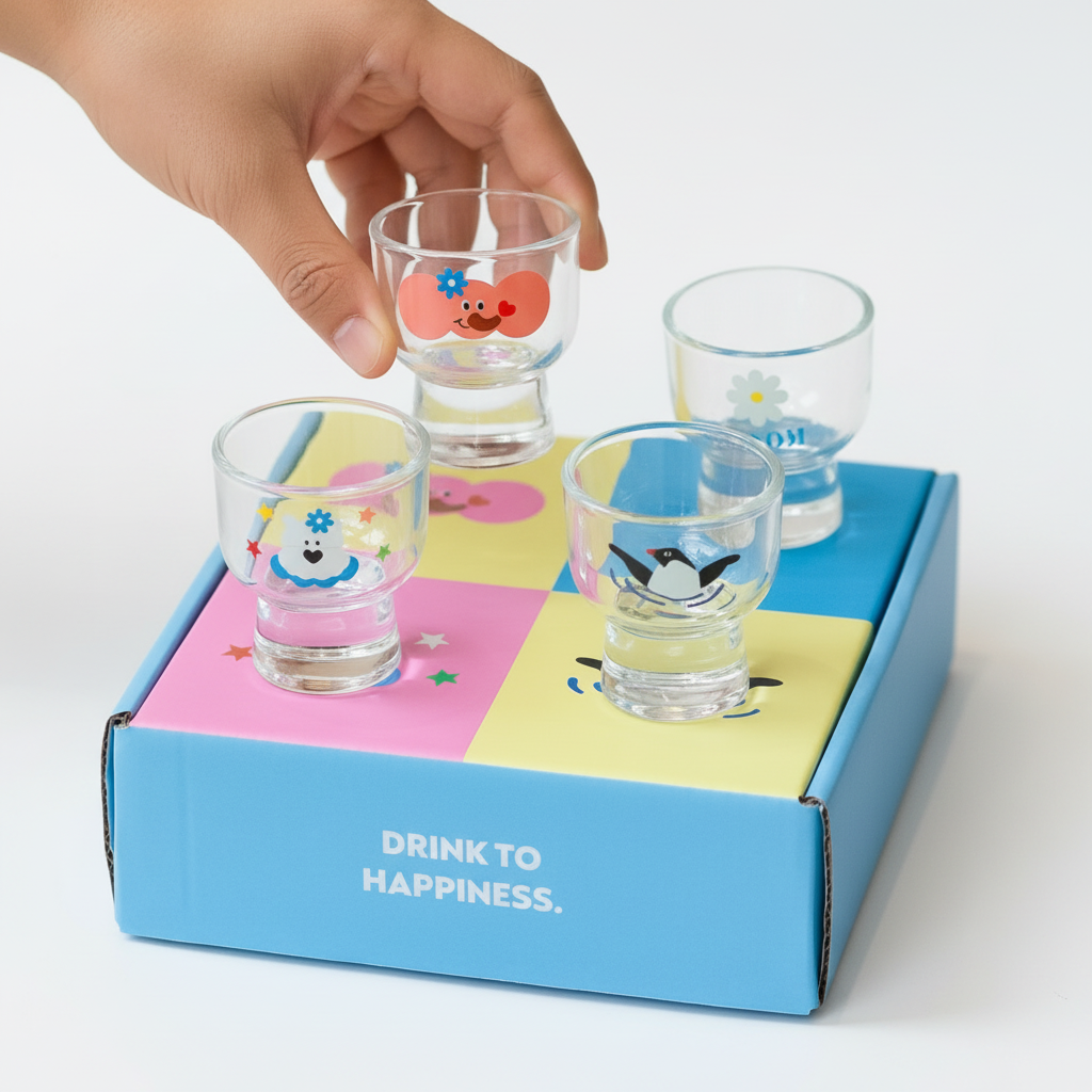 A set of small clear glass shot glasses with colorful cartoon character prints, displayed on a blue and pink box that reads 'DRINK TO HAPPINESS.' A hand is holding one glass above the set.