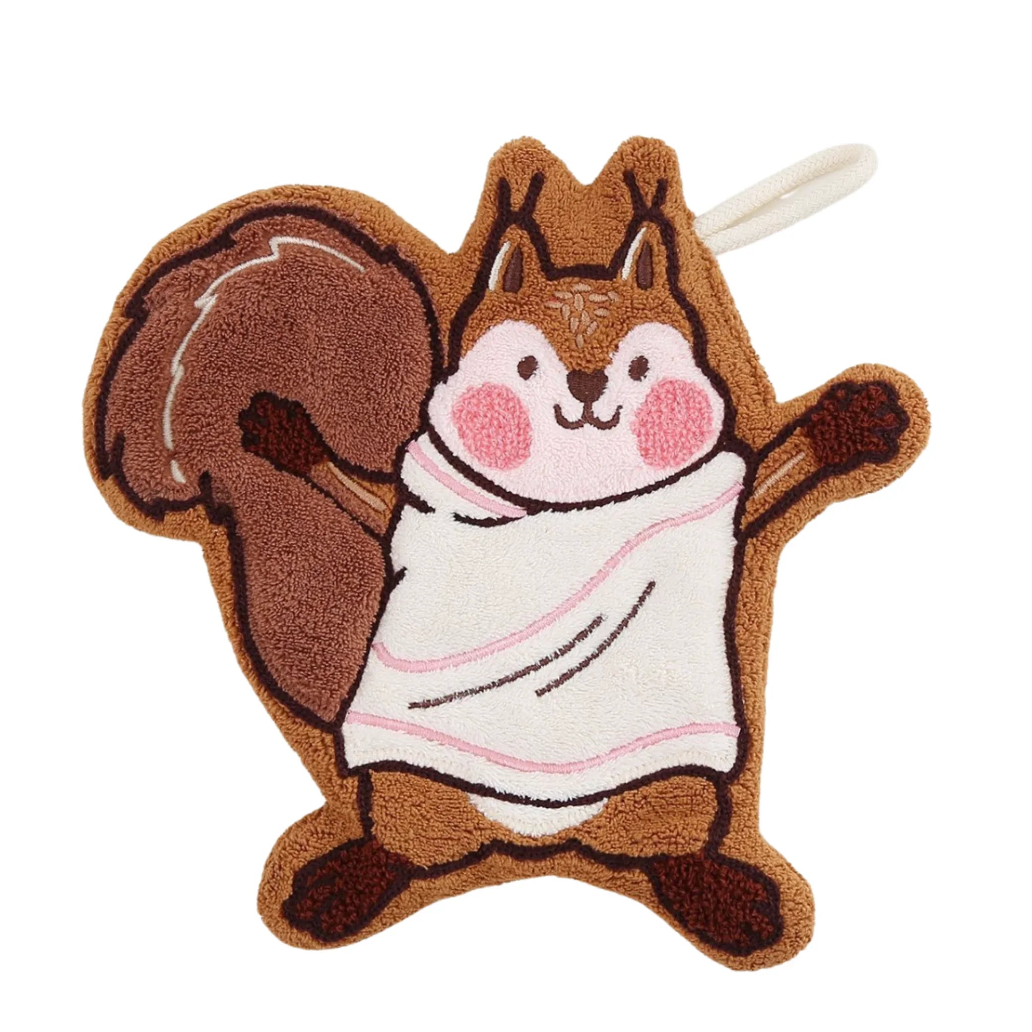 Cute brown cartoon squirrel hanging hand towels displayed on a white wall rack with metal hooks, showcasing practical home decor and a heartwarming style in a kitchen or bathroom setting.