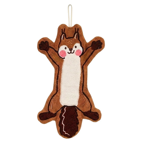 Cute brown cartoon squirrel hanging hand towels displayed on a white wall rack with metal hooks, showcasing practical home decor and a heartwarming style in a kitchen or bathroom setting.