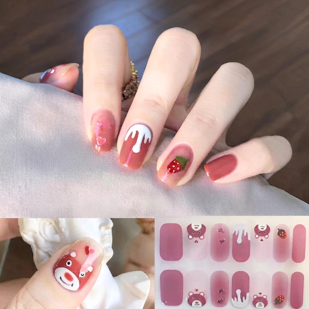Cute Pink Bear Nail Wraps | Strawberry Hearts Nail Appliques