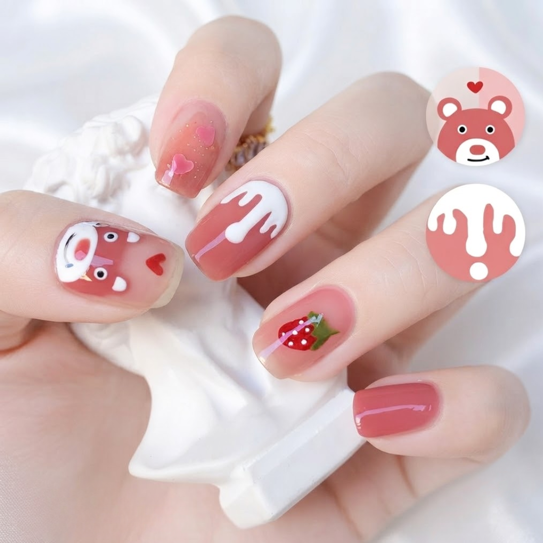 Cute Pink Bear Nail Wraps | Strawberry Hearts Nail Appliques