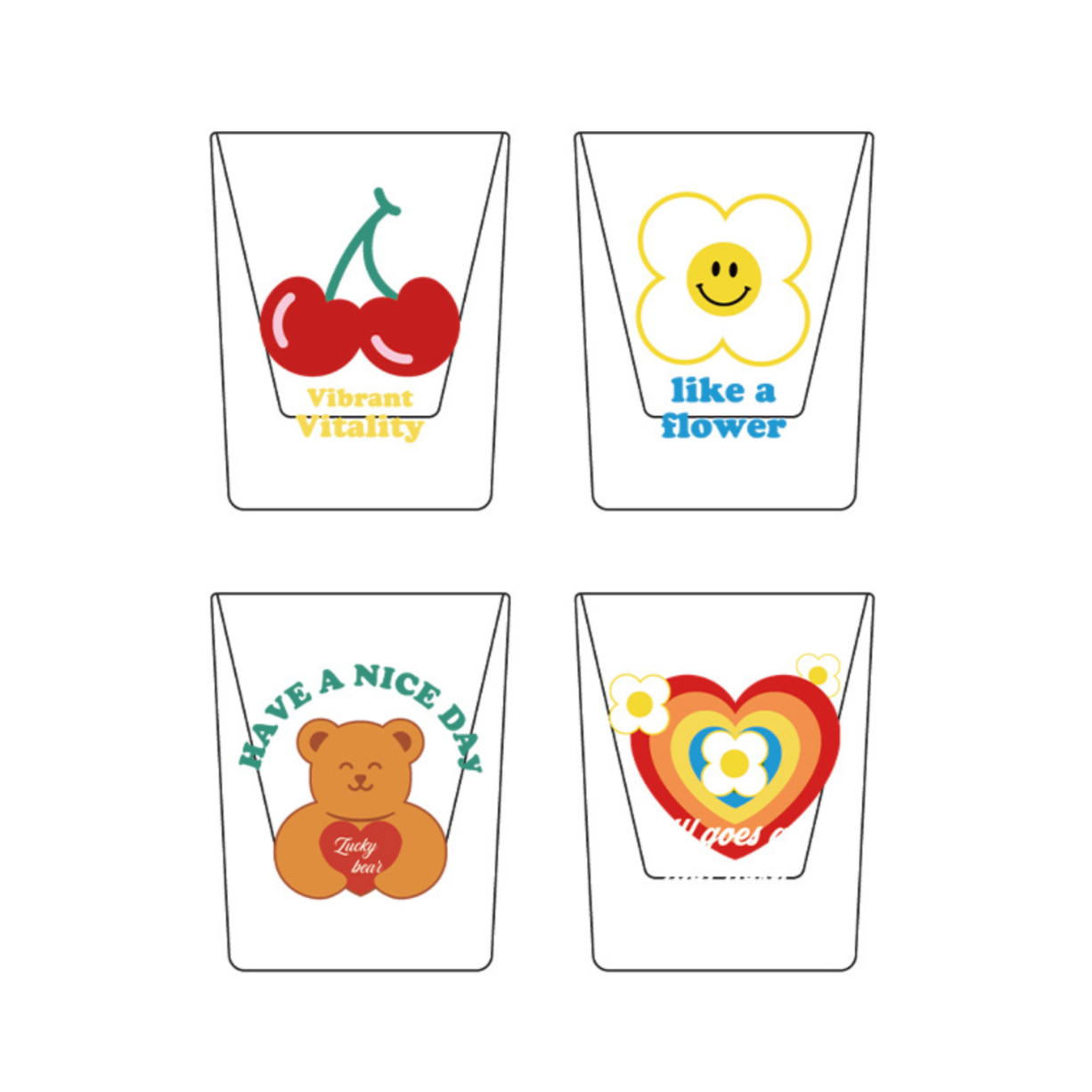 Four clear shot glasses arranged in a 2x2 grid on a white background, each with a different colorful printed design: red cherries with the text 'Vibrant Vitality,' a yellow flower with a smiley face and the text 'like a Flower,' a brown bear holding a red heart with the text 'HAVE A NICE DAY,' and a red and yellow heart with a flower and partial text 'you peo.
