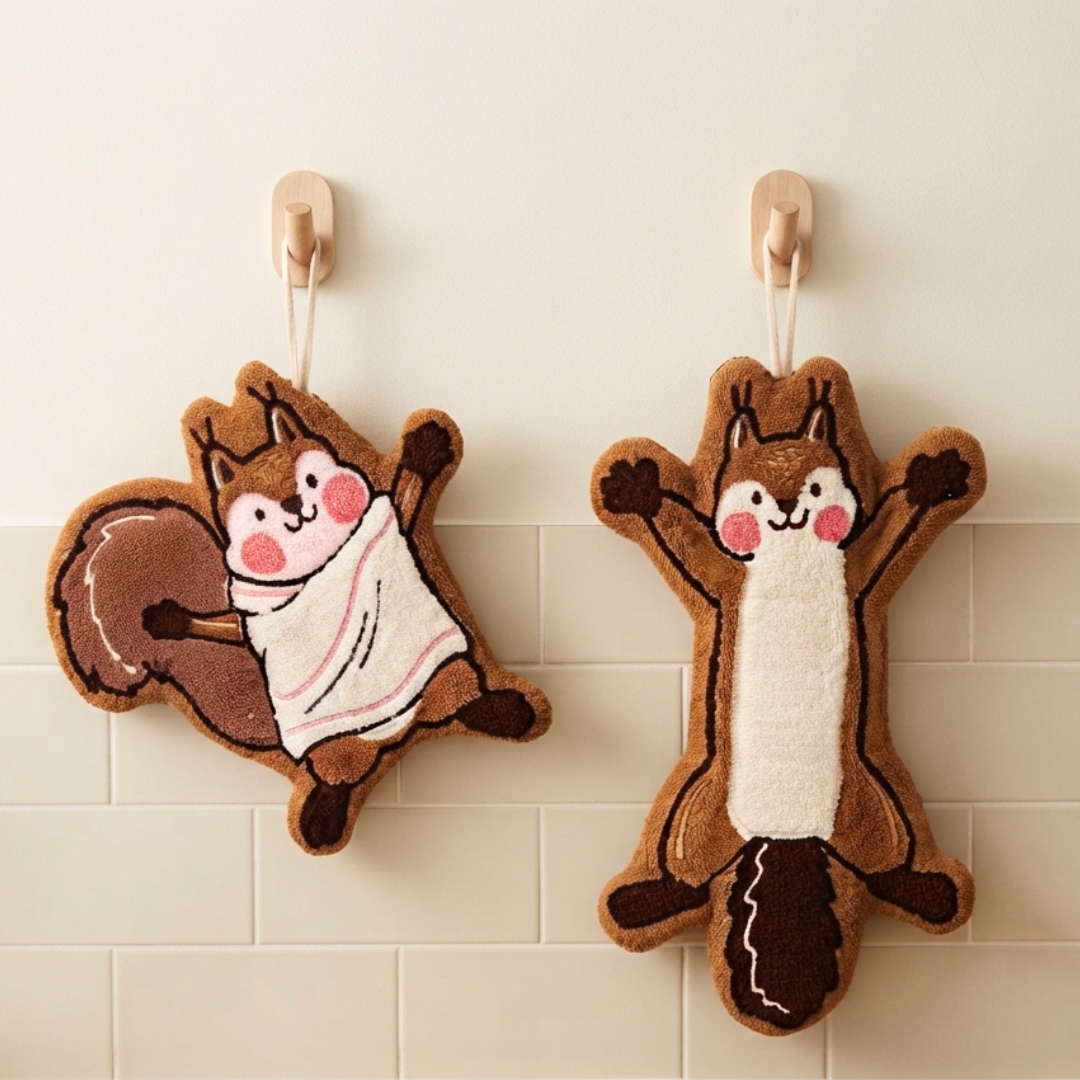Cute Cartoon Squirrel Hanging Hand Towel | Ultra-Soft Thickened Coral Fleece Towel for Kitchen & Bathroom