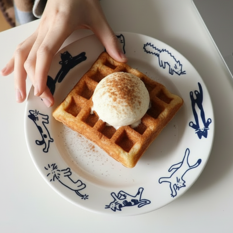 A hand reaches for a pastry on a white ceramic plate with blue line-art illustrations, set on a white table next to a laptop.