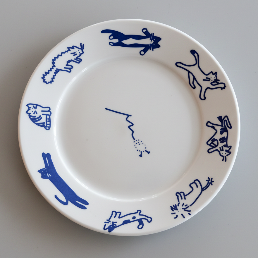 A white ceramic plate with blue line-art illustrations of cats in various poses, shown on a dark wooden table.
