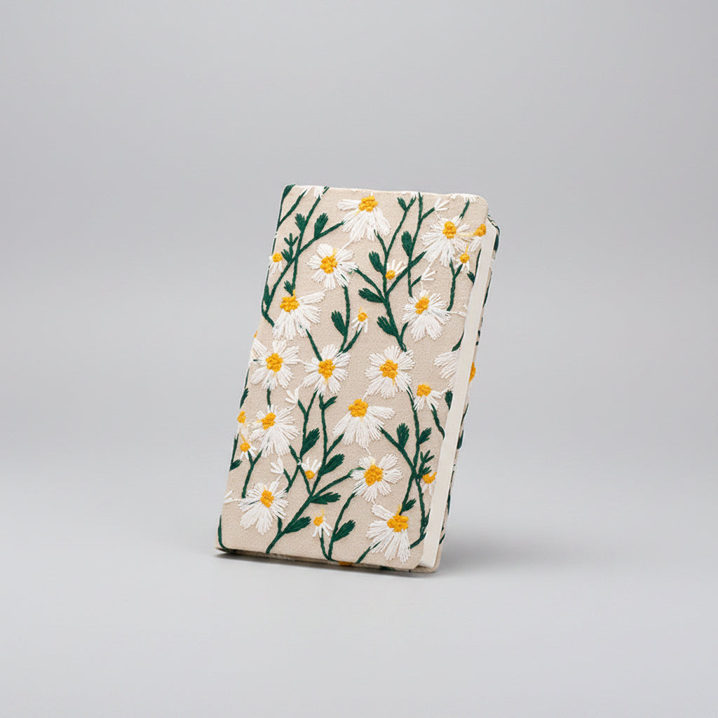 Daisy Embroidered Fabric Notebook - Cute A6 Blank Page Floral Journal