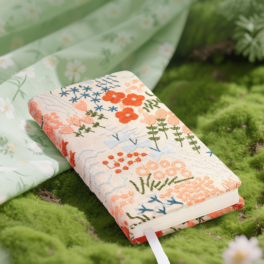 Daisy Embroidered Fabric Notebook - sakura A6 Blank Page Floral Journal