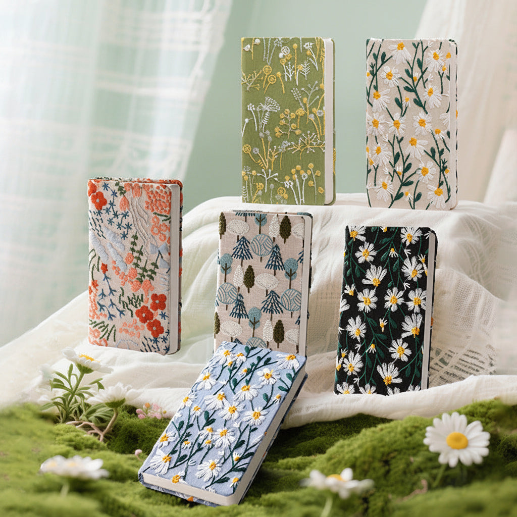 Daisy Embroidered Fabric Notebook - sakura A6 Blank Page Floral Journal set