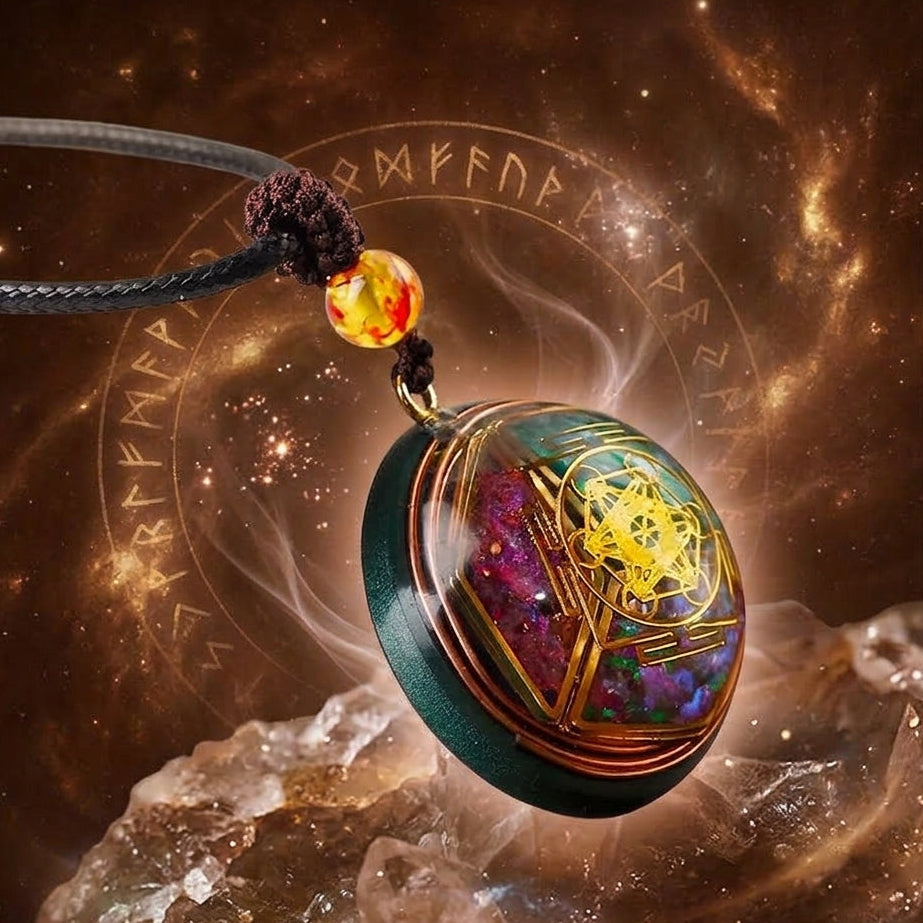 A dark green oval pendant necklace with a gold geometric design and colorful resin details, Amplify your inner frequency with the Magical Energy Talisman. Designed for magnetic healing, clarity, and emotional balance. Free shipping in Canada and US!