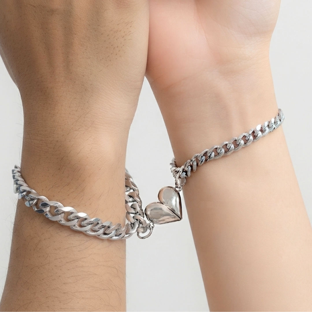 Magnetic Heart Couple Bracelets in Stainless Steel - Matching His and Hers Jewelry