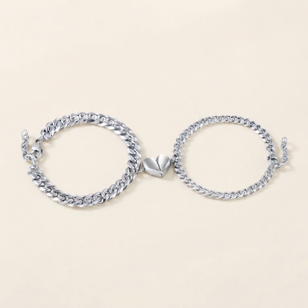 Magnetic Heart Couple Bracelets in Stainless Steel - Matching His and Hers Jewelry