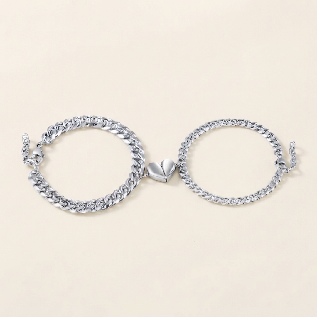 Magnetic Heart Couple Bracelets in Stainless Steel - Matching His and Hers Jewelry