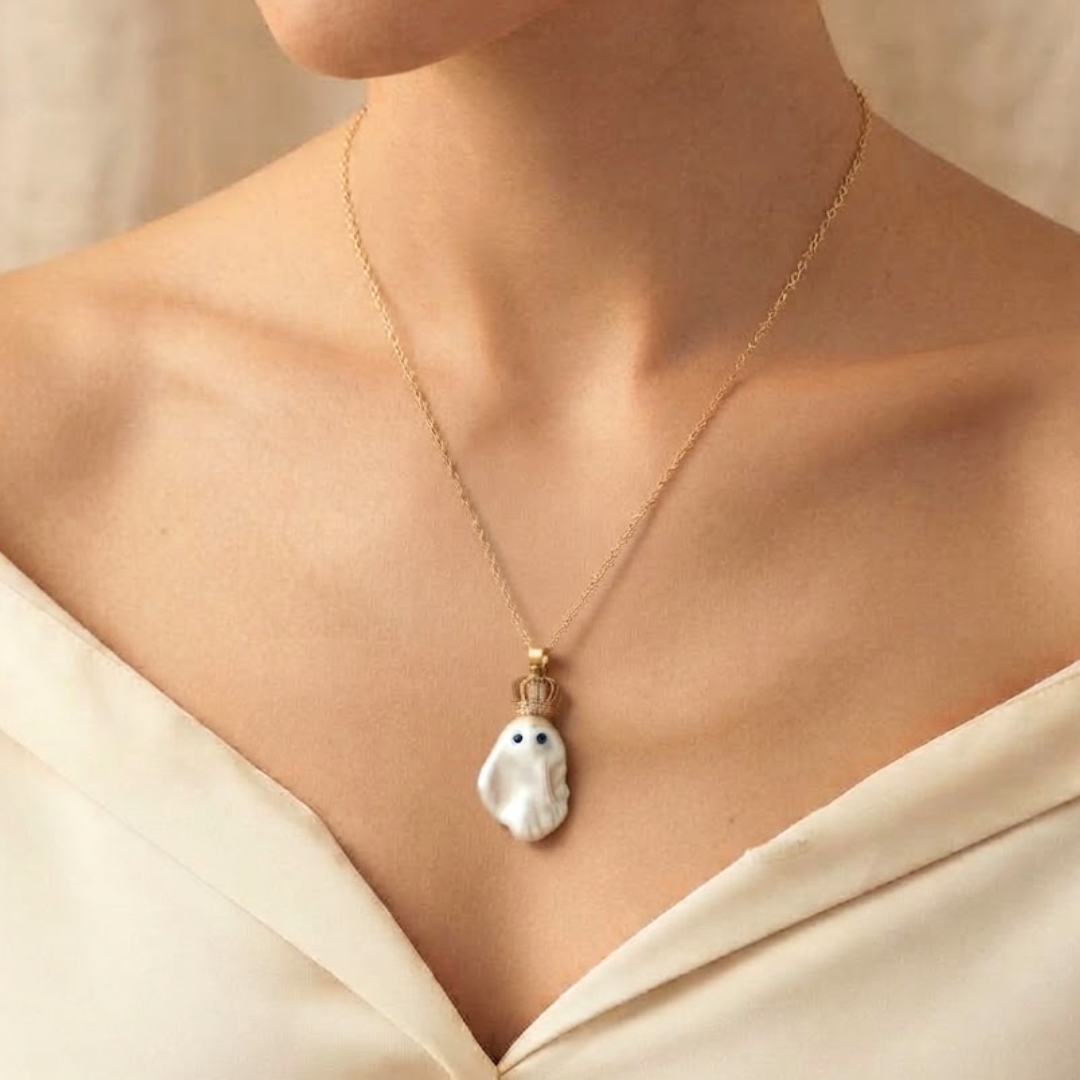Pearl Ghost Necklace, 18K Gold Filled Halloween Jewelry, Spooky Season Gift, Dainty Ghost Pendant, Spooky Gift