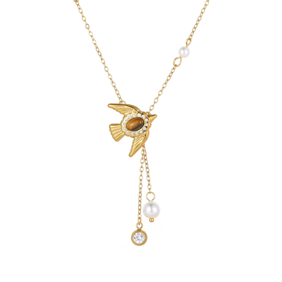 Pearl & Dove Tiger's Eye Y-Necklace | Wings of Freedom & Harmony