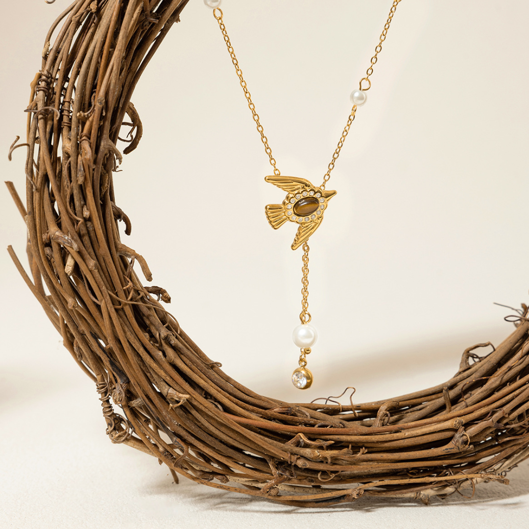 Pearl & Dove Tiger's Eye Y-Necklace | Wings of Freedom & Harmony