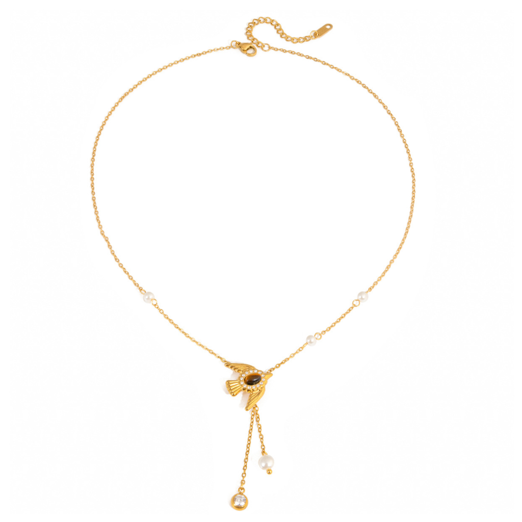 Pearl & Dove Tiger's Eye Y-Necklace | Wings of Freedom & Harmony