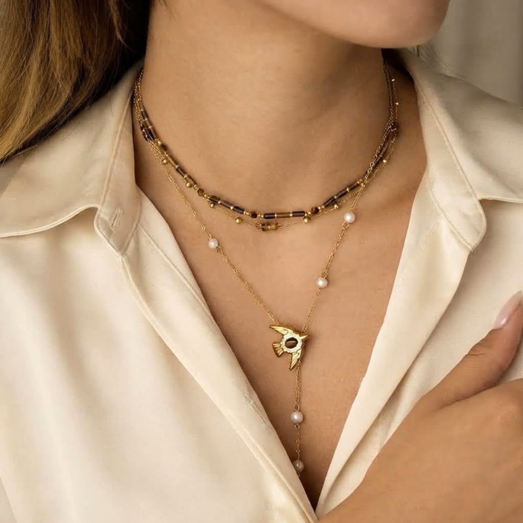 Pearl & Dove Tiger's Eye Y-Necklace | Wings of Freedom & Harmony