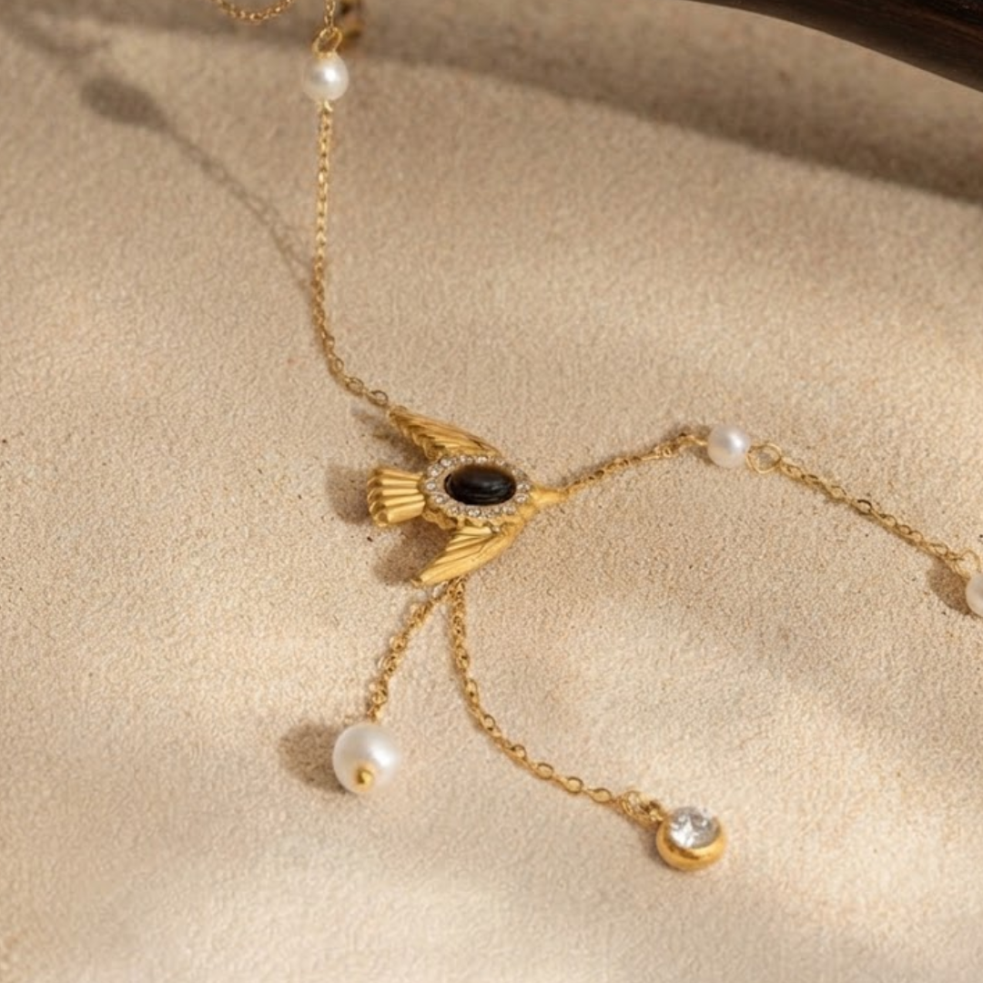Pearl & Dove Tiger's Eye Y-Necklace | Wings of Freedom & Harmony