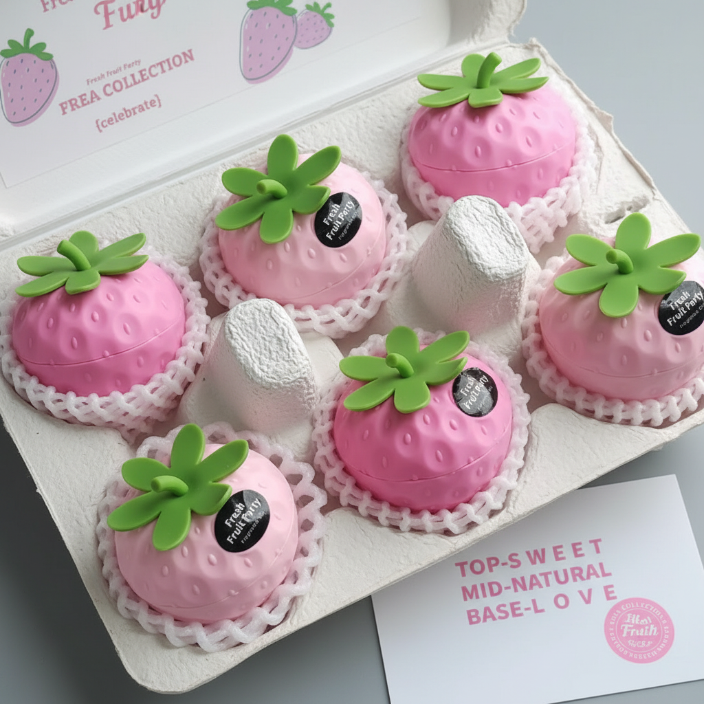 Six strawberry-shaped base lollipops in pink with green leaf tops, arranged in a white foam tray inside a box. Each lollipop has a small black circular sticker reading 'Fresh Fruit Party'.