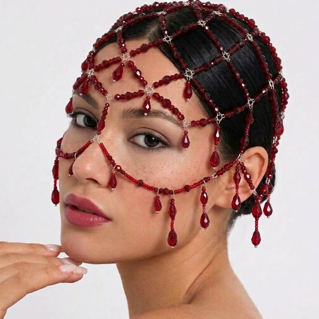 Red Crystal Crown, Blood Drop Head Chain, Vampire Halo Headpiece, Gothic Halloween Hair Jewelry