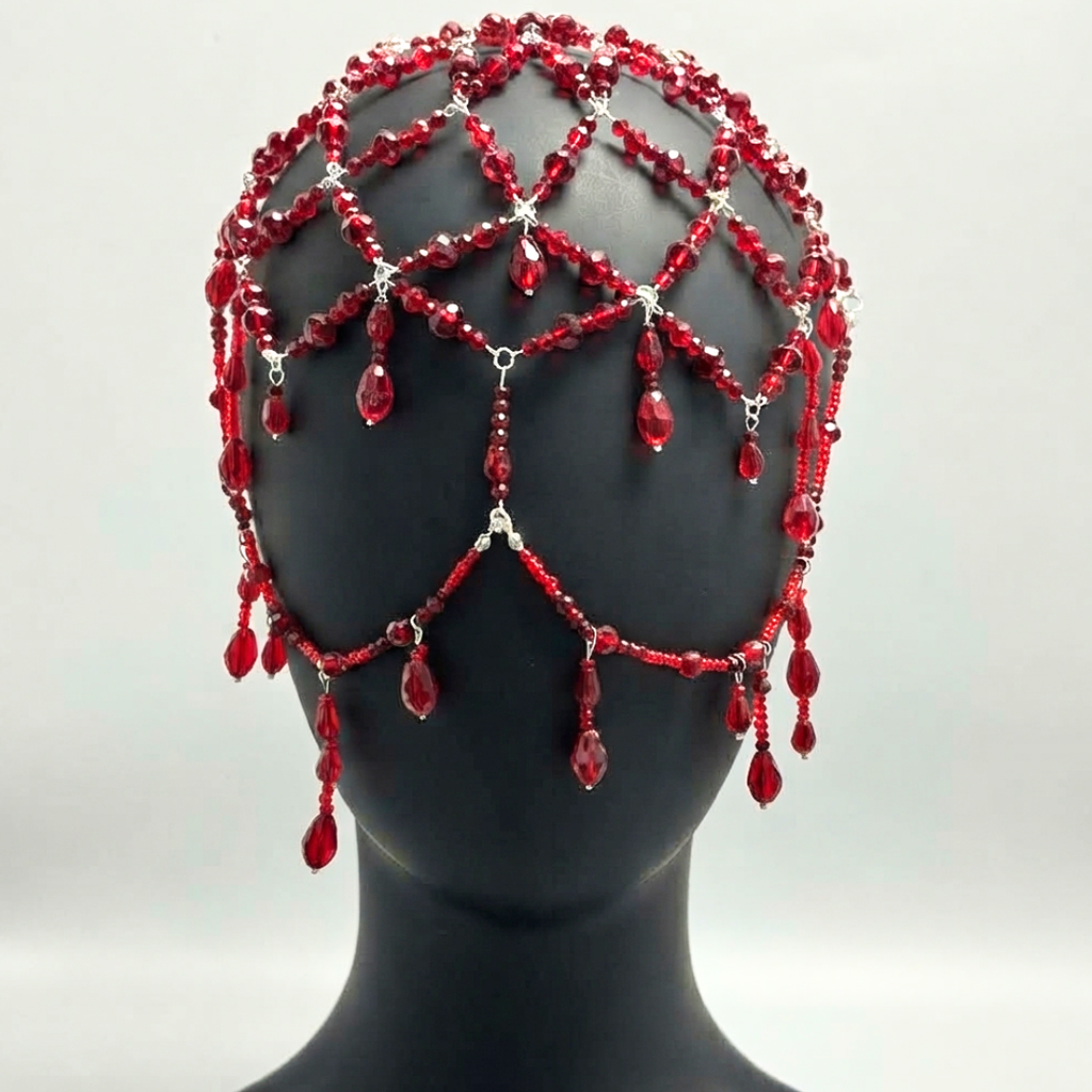 Red Crystal Crown, Blood Drop Head Chain, Vampire Halo Headpiece, Gothic Halloween Hair Jewelry