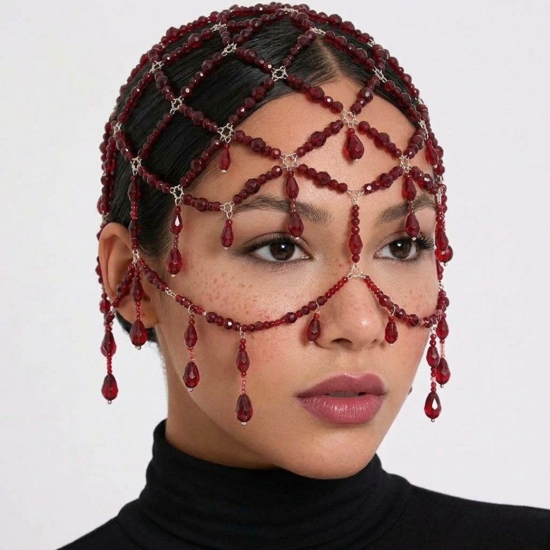 Red Crystal Crown, Blood Drop Head Chain, Vampire Halo Headpiece, Gothic Halloween Hair Jewelry