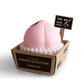 A pink dome-shaped gel perfume atomizer nestled inside a brown cardboard box with a black label reading 'Fresh Fruit Party Aroma Collection (celebrate)'. A small sign on the box says 'GEL SALE 100% FRESH'.