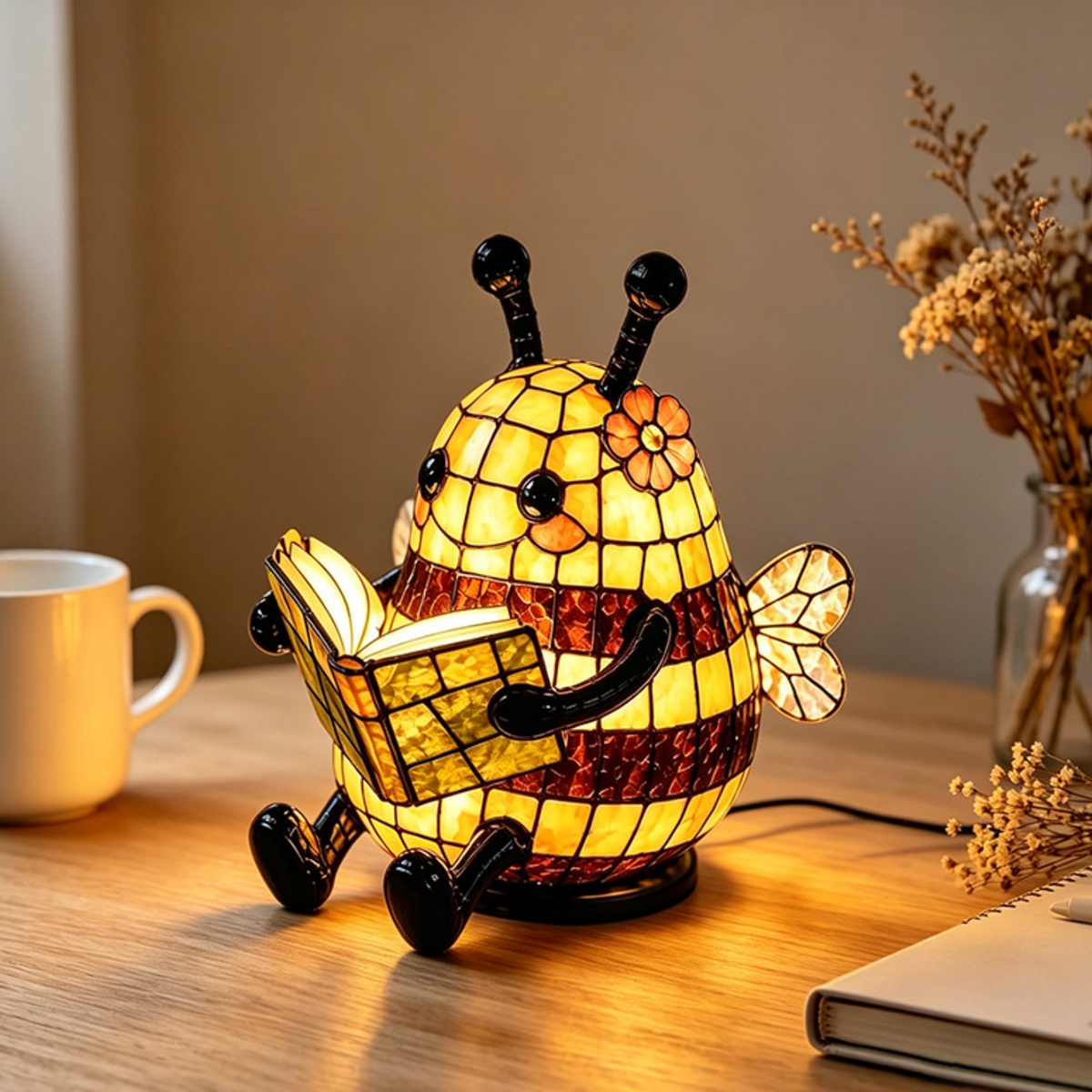 A Tiffany-style mosaic bee table lamp glowing warmly on a wooden desk, holding a book. The lamp features yellow and dark red stained-glass panels with black metal details.