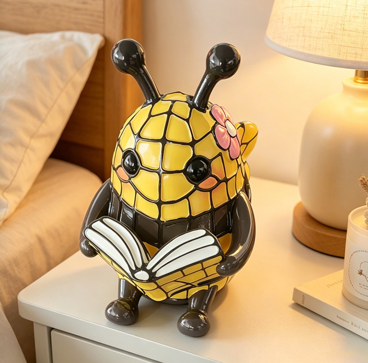 Tiffany Stained Glass Bumblebee Reading Figurine Lamp