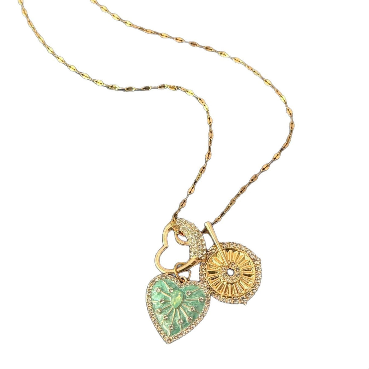 Vintage Mint Sunflower & Heart Layered Gold Necklace