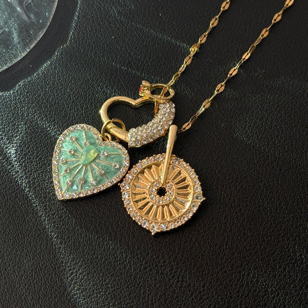Vintage Mint Sunflower & Heart Layered Gold Necklace