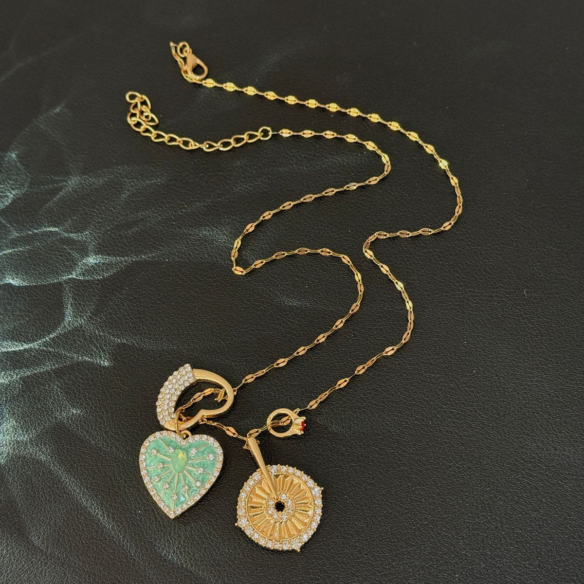 Vintage Mint Sunflower & Heart Layered Gold Necklace