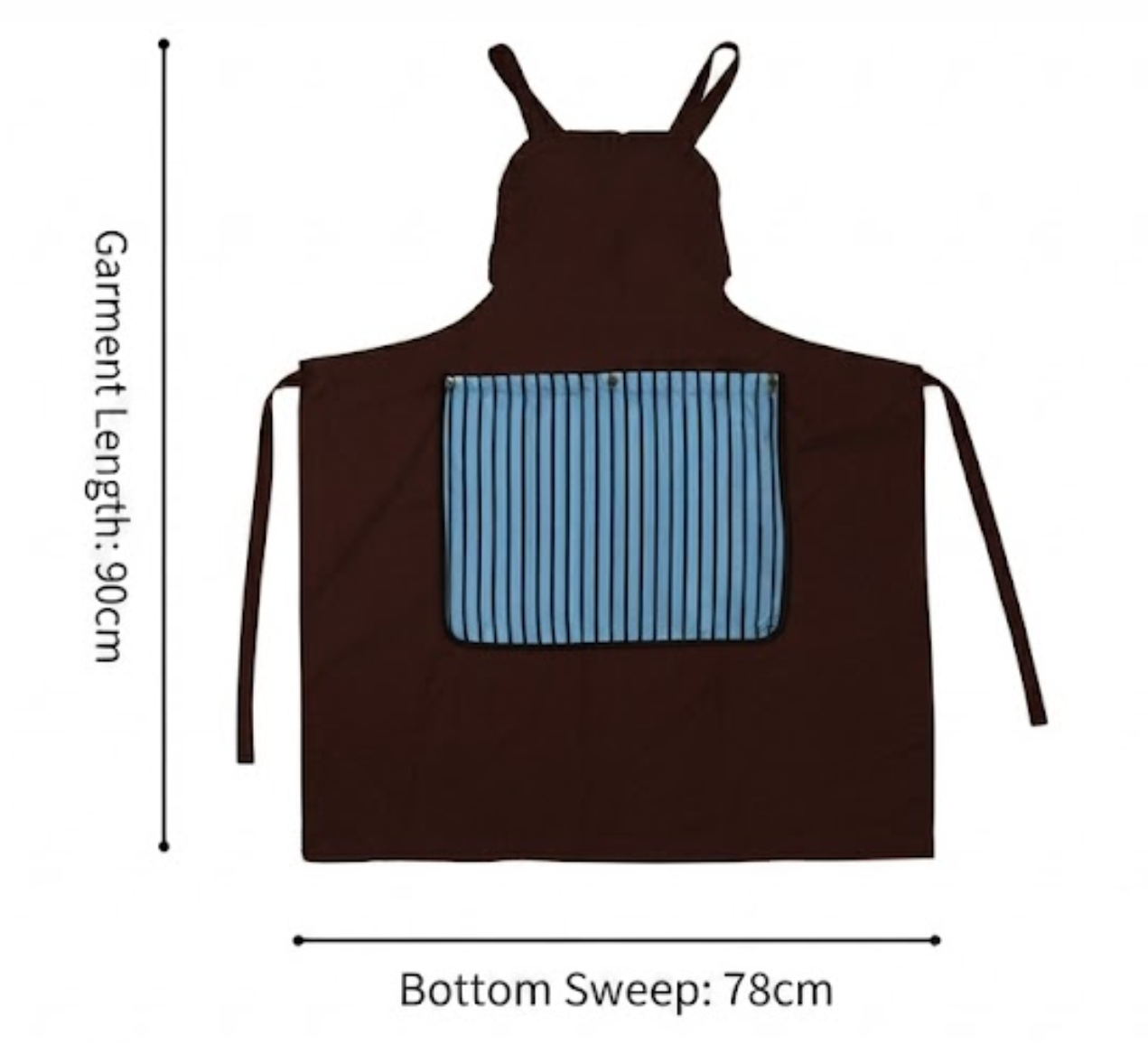 A dark brown apron with a light blue and white striped front pocket, shown with dimension lines indicating a garment length of 90cm and a bottom sweep of 78cm.