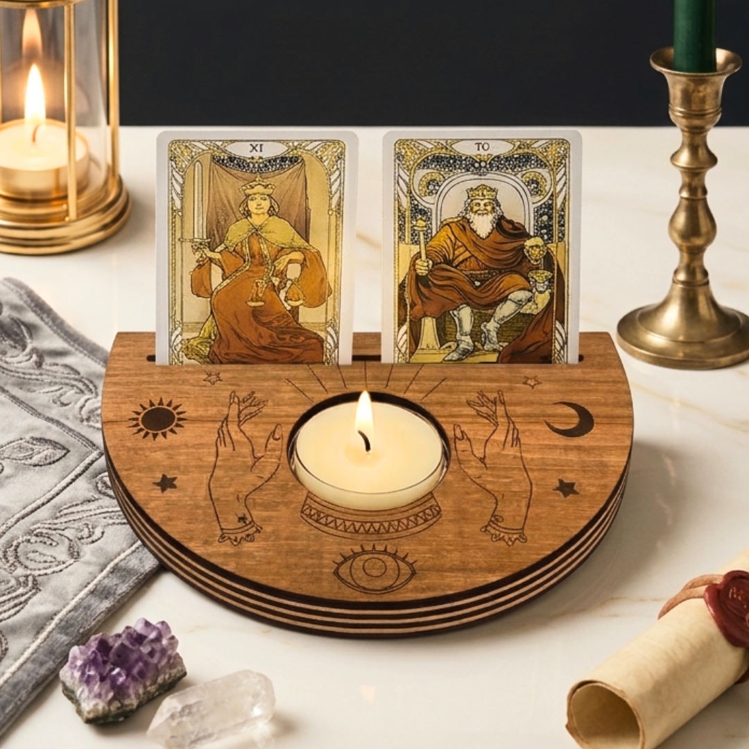 Wooden Moon Phase Tarot Card Stand - Celestial Oracle Card Holder & Crystal Candle Altar Display, Witchy Room Decor & Spiritual Gift