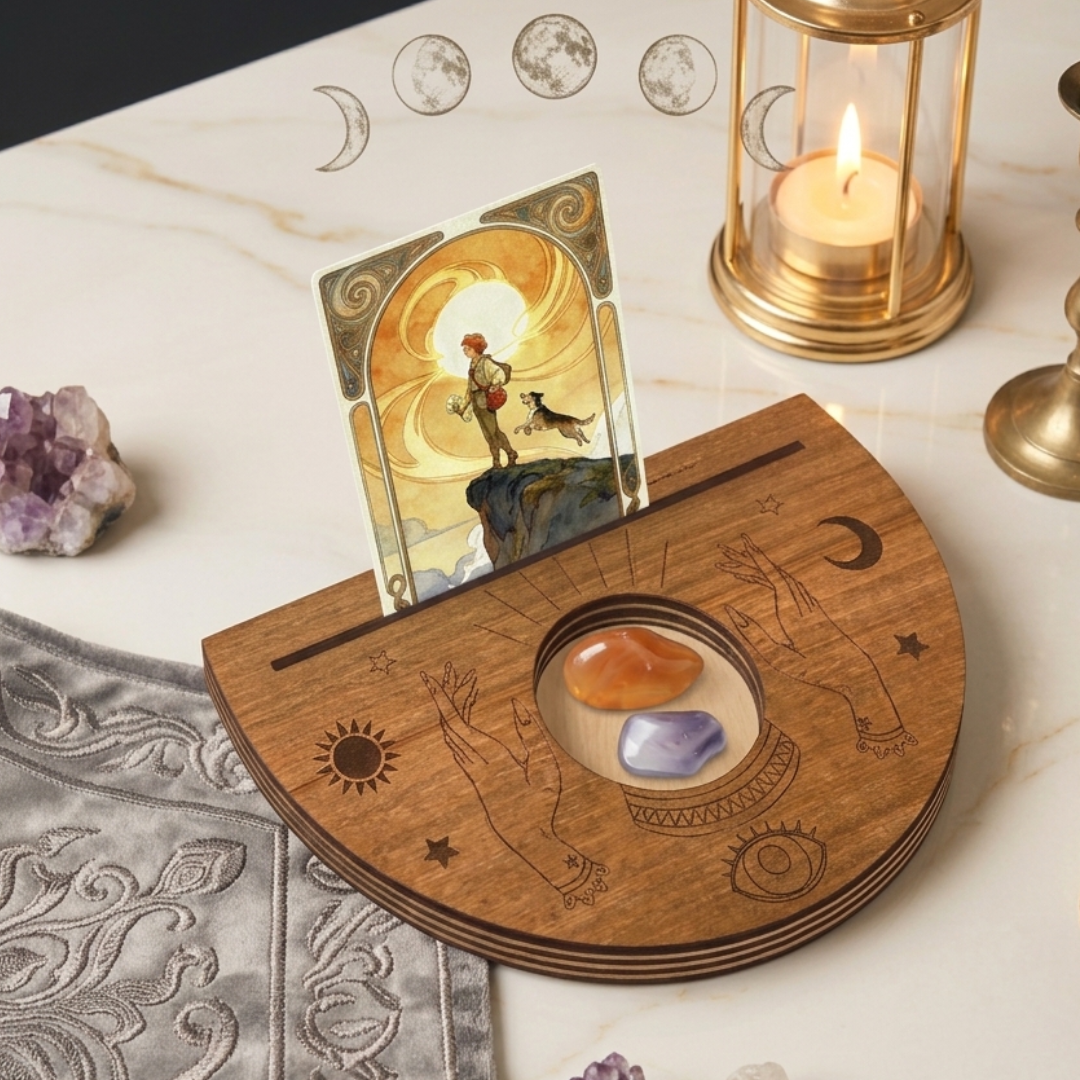 Wooden Moon Phase Tarot Card Stand - Celestial Oracle Card Holder & Crystal Candle Altar Display, Witchy Room Decor & Spiritual Gift