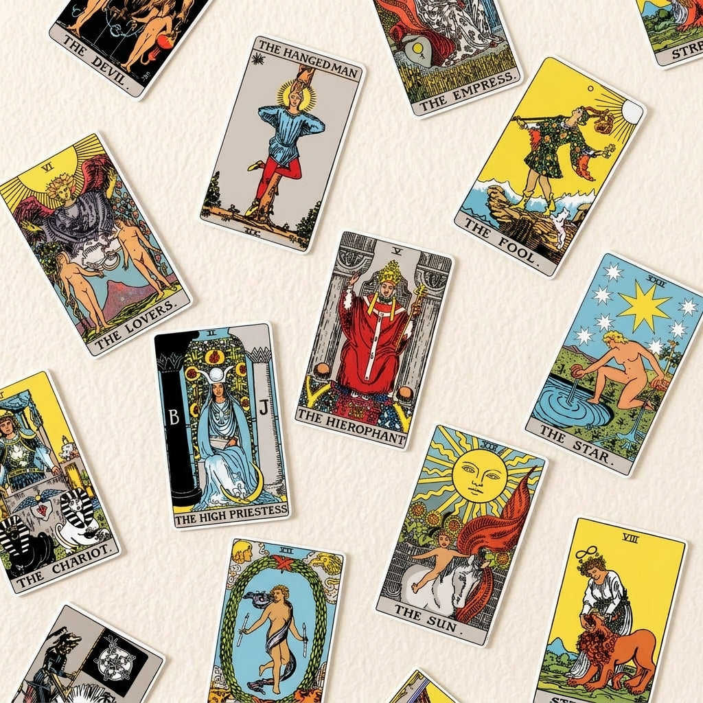 A scattered arrangement of classic Rider-Waite tarot cards on a textured off-white background, showing various illustrated suits and faces.