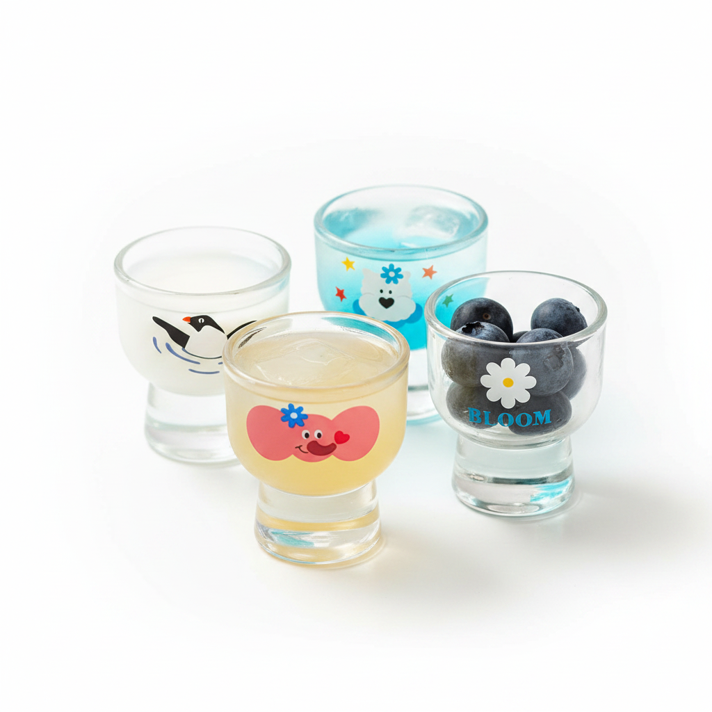 Four small clear glass shot glasses with colorful cartoon animal and flower designs, held by two hands over a red reflective surface. The glasses contain clear, blue, yellow, and dark blue liquids, with a lemon slice nearby.