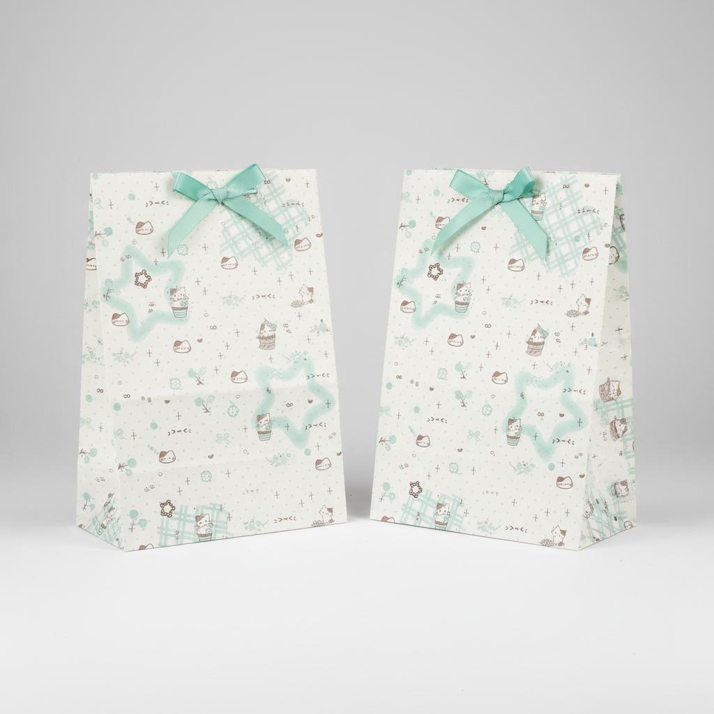 Two rectangular sheets of patterned washi tape displayed side-by-side on a plain white background. The tape features a cute, whimsical illustration pattern with light blue watercolor-style shapes, brown cupcake drawings, and plaid accents on a warm cream background.